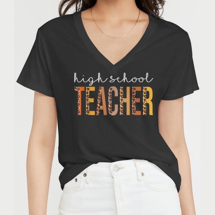 High School Teacher Leopard Fall Autumn Lovers Thanksgiving Women V-Neck T-Shirt