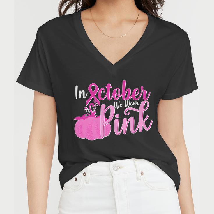 In October We Wear Pink Breast Cancer Awareness Pumpkin Women V-Neck T-Shirt