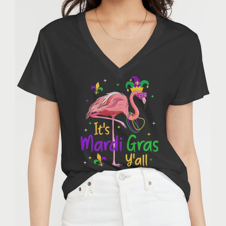 It S Mardi Gras Y All Funny Flamingo Mardi Gras Women V-Neck T-Shirt