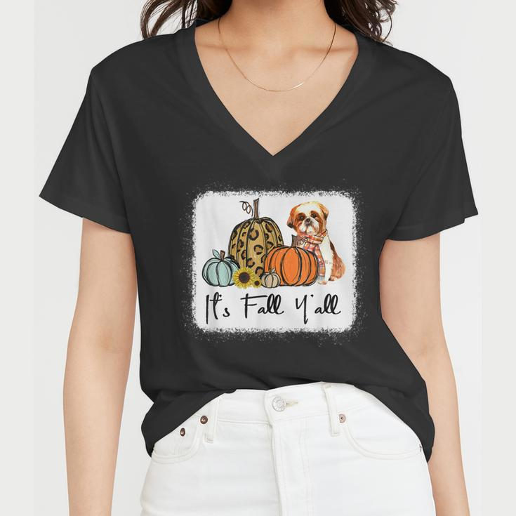 Its Fall Yall Yellow Shih Tzu Dog Leopard Pumpkin Falling Women V-Neck T-Shirt