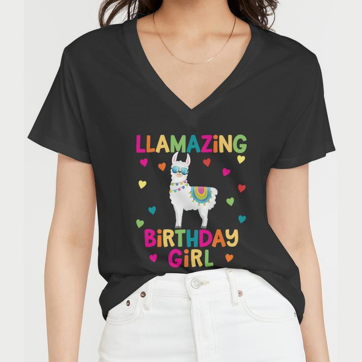 Llama Birthday Party Llamazing Gift Girl Rainbow Hearts Gift Women V-Neck T-Shirt