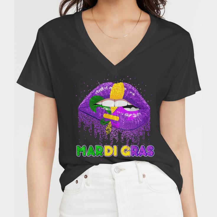 Mardi Gras Sparkle Lips Women V-Neck T-Shirt