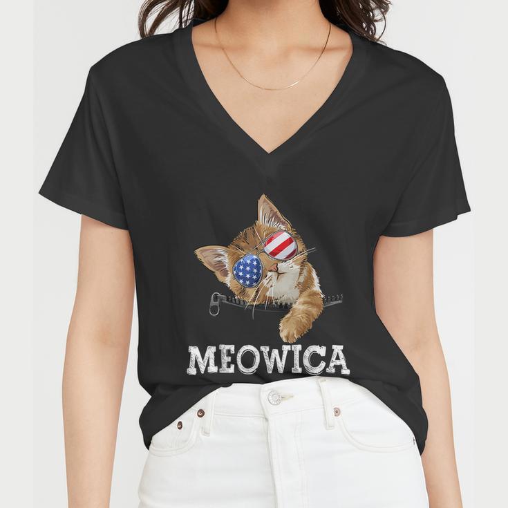 Meowica American Flag Cool Joke Cat Sunglusses 4Th Of July Women V-Neck T-Shirt