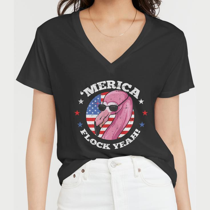 Merica 4Th Of July Flamingo Flock Patriotic American Flag Women V-Neck T-Shirt