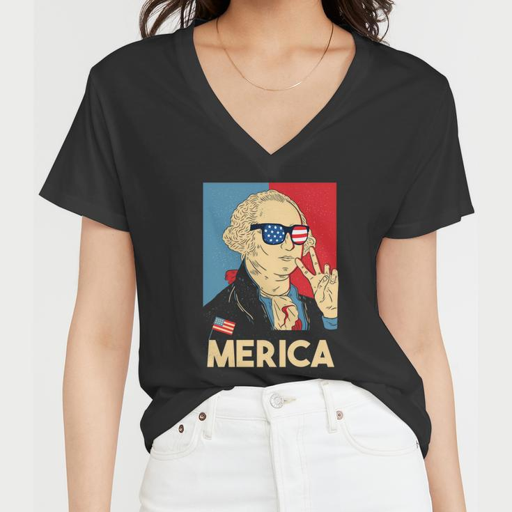 Merica George Washington 4Th Of July Usa Flag Funny American Gift Women V-Neck T-Shirt