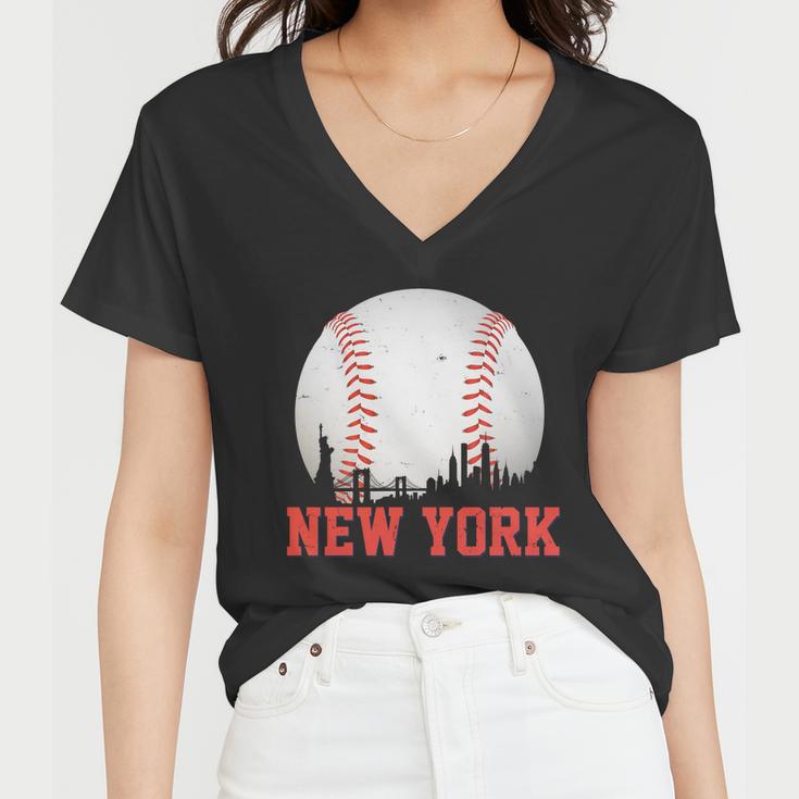 New York Skyline Baseball Sports Fan Women V-Neck T-Shirt