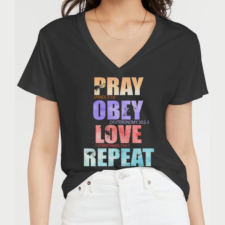 Pray Obey Love Repeat Christian Bible Quote Women V-Neck T-Shirt