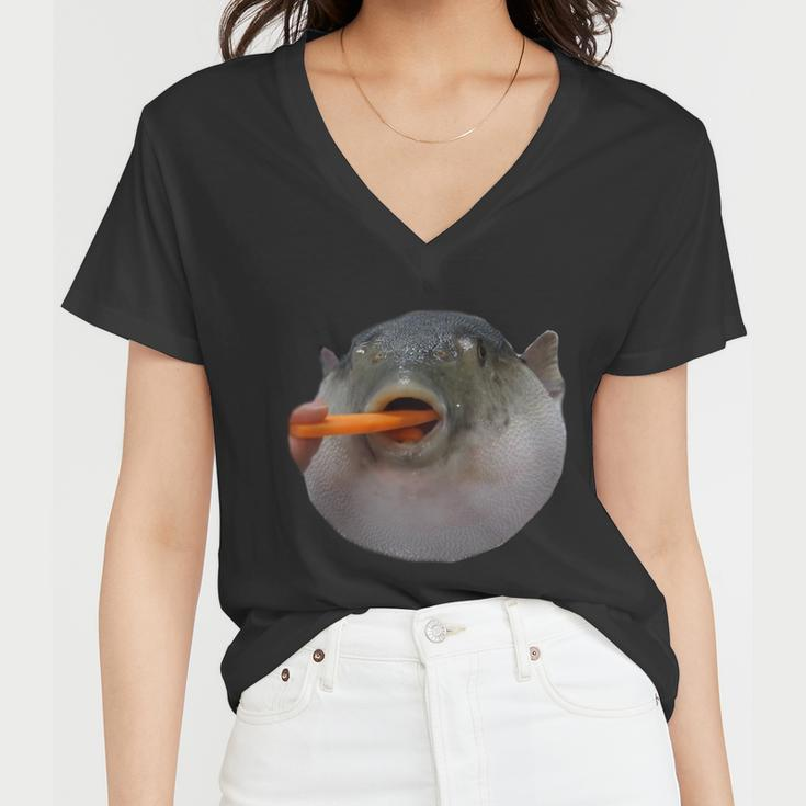 Pufferfish Eating A Carrot Meme Funny Blowfish Dank Memes Gift Women V-Neck T-Shirt