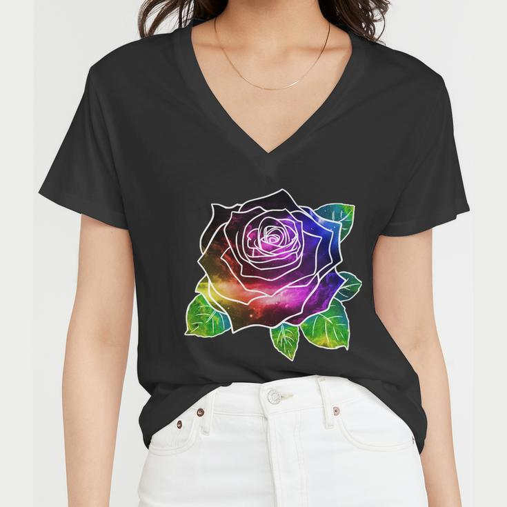 Rainbow Galaxy Floral Rose Women V-Neck T-Shirt