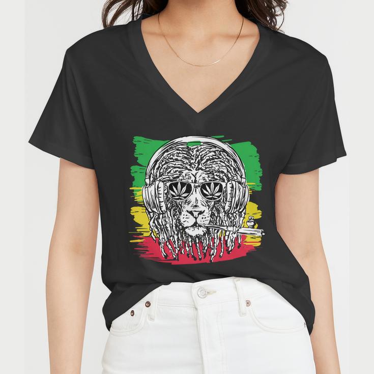 Rasta Lion With Glasses Smoking A Joint Women V-Neck T-Shirt