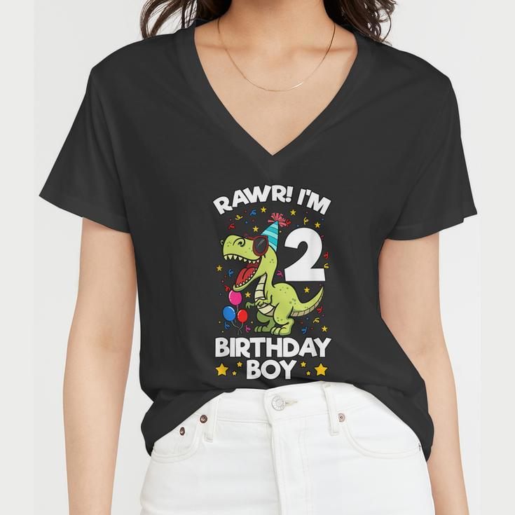 Rawr Im 2 Birthday Boy Dinosaur Trex Themed 2Nd Birthday Women V-Neck T-Shirt