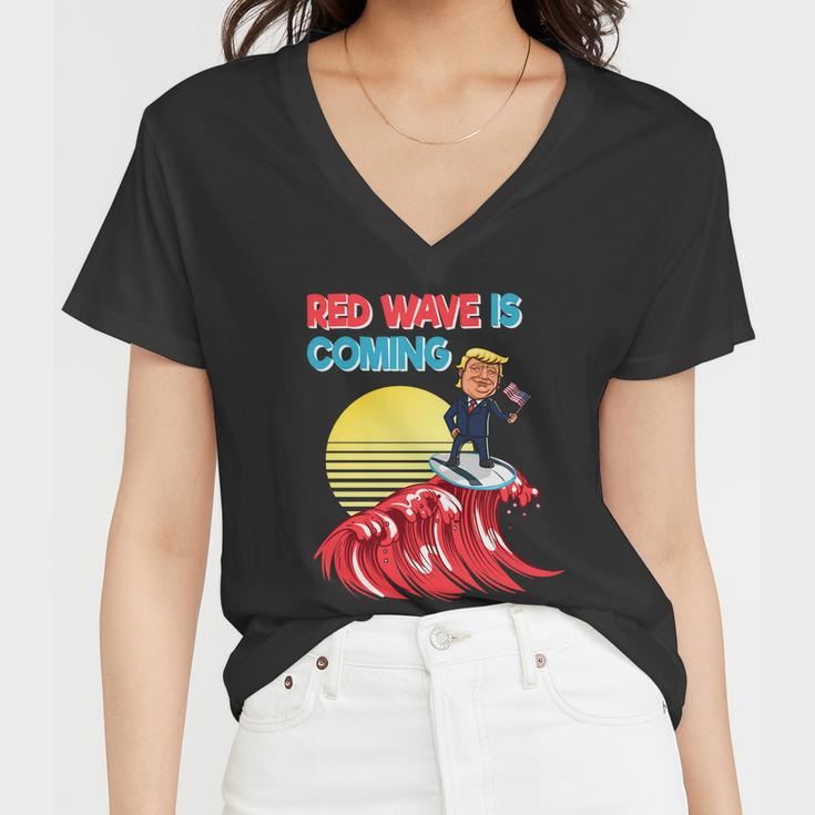 Red Wave Is Coming Republican Conservative Surfer Trump Us Flag Women V-Neck T-Shirt