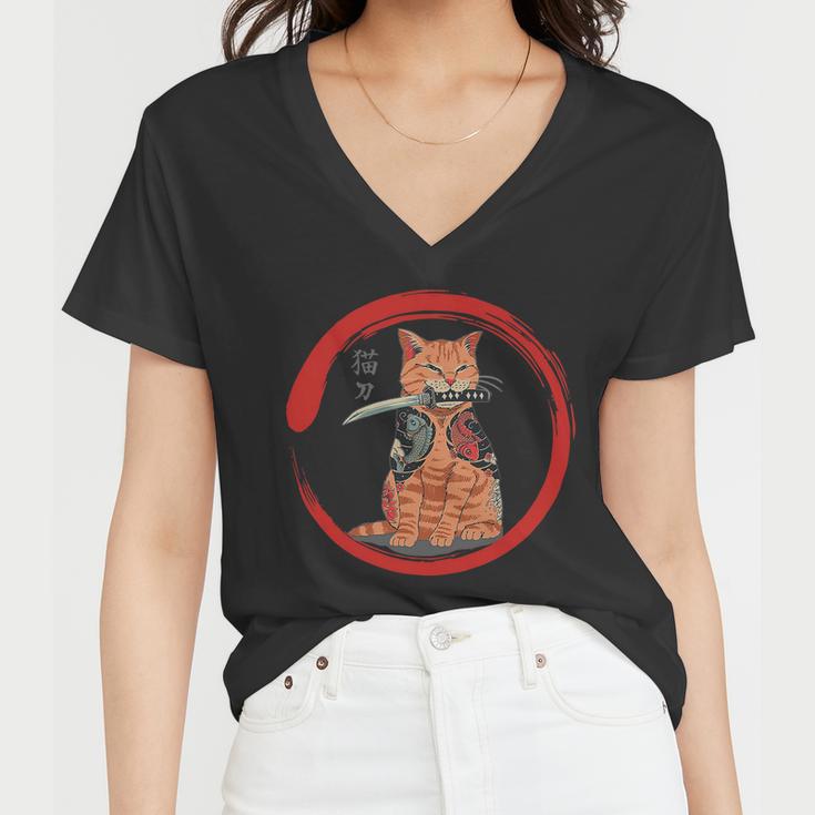 Samurai Cattana Emblem Women V-Neck T-Shirt