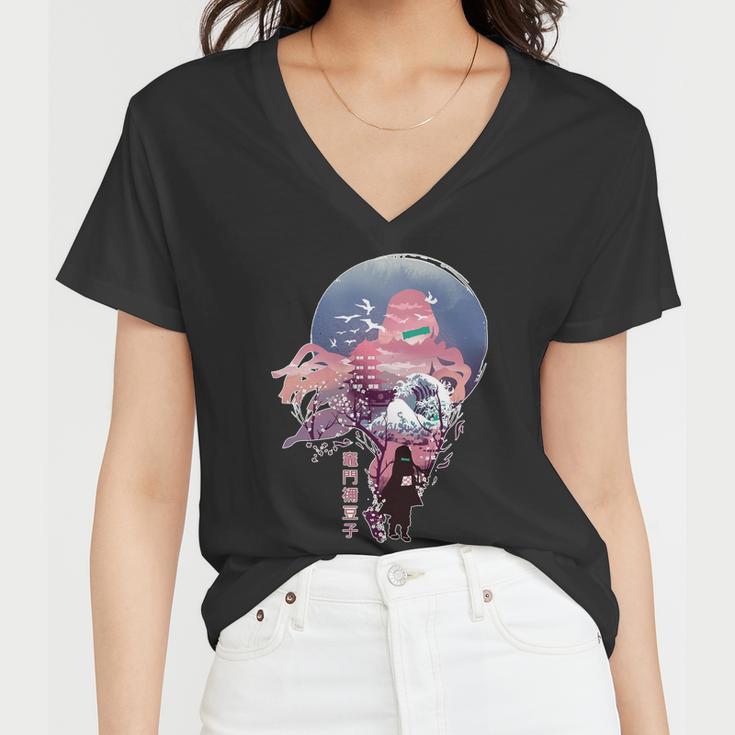 Slayers Demon Anime Nezuko Vaporwave Women V-Neck T-Shirt