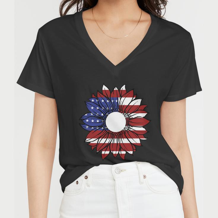 Sunflower American Flag 4Th Of July Independence Day Patriotic Women V-Neck T-Shirt