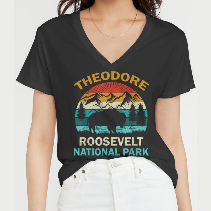 Theodore Roosevelt National Park North Dakota Buffalo Retro Women V-Neck T-Shirt
