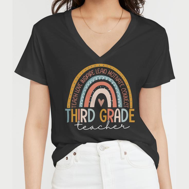 Third Grade Teacher Teach Love Inspire Boho Rainbow Women V-Neck T-Shirt