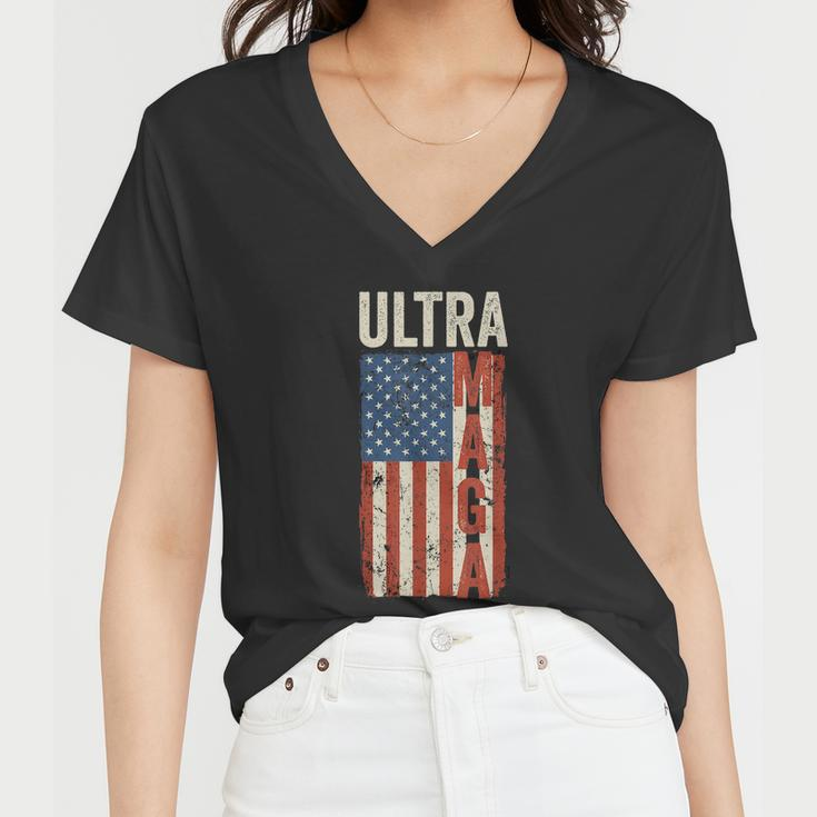 Ultra Maga Us Flag Pro Trump American Flag Tshirt Women V-Neck T-Shirt