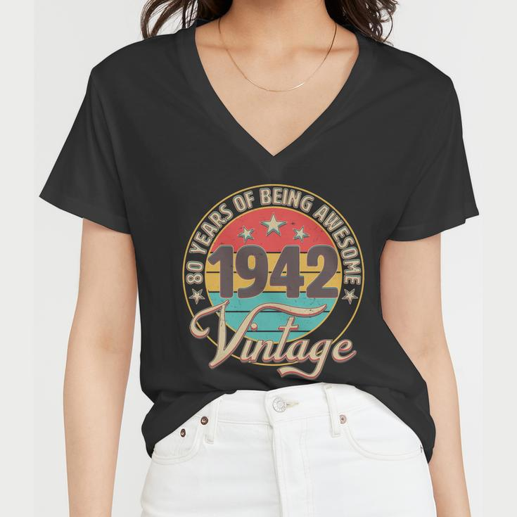Vintage 1942 Birthday 80 Years Of Being Awesome Emblem Women V-Neck T-Shirt
