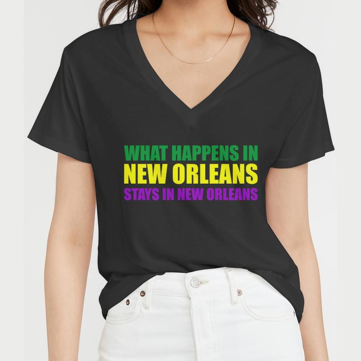 What Happens In New Orleans Stays In New Orleans Mardi Gras T-Shirt Graphic Design Printed Casual Daily Basic Women V-Neck T-Shirt