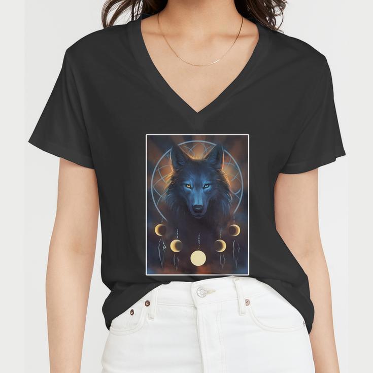 Wolf Dream Catcher Moon Phases Tshirt Women V-Neck T-Shirt