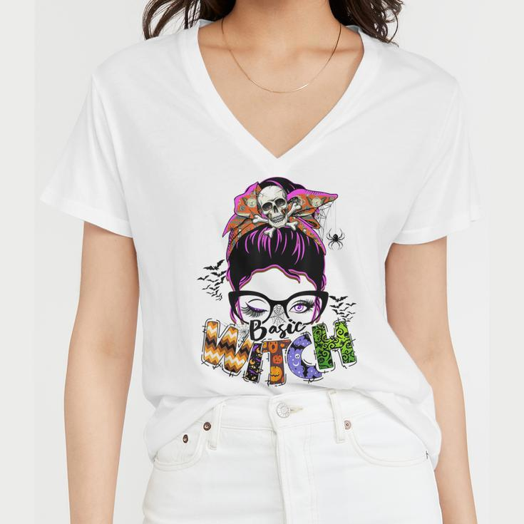 Basic Witch Halloween Messy Bun Halloween Skull Turban Women V-Neck T-Shirt