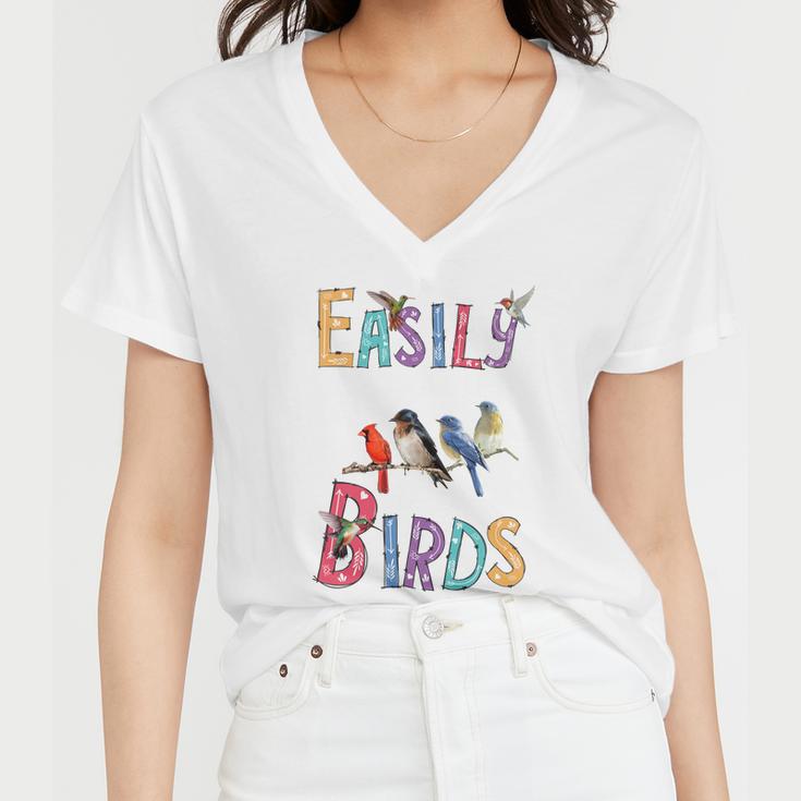 Easily Distracted By Birds Gift Funny Bird Gift Women V-Neck T-Shirt