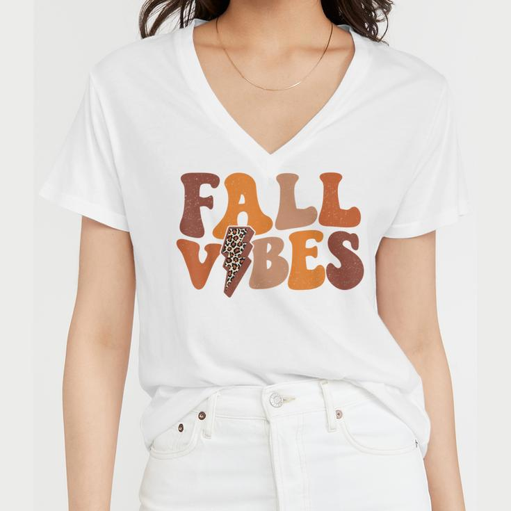 Fall Vibe Vintage Groovy Fall Season Retro Leopard Women V-Neck T-Shirt