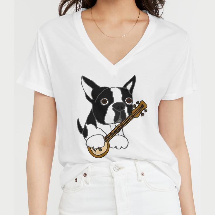 Funny Boston Terrier Dog Playing Banjo Women V-Neck T-Shirt