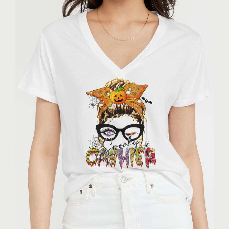 Halloween Spooky Cashier Messy Bun Glasses Spooky Women V-Neck T-Shirt