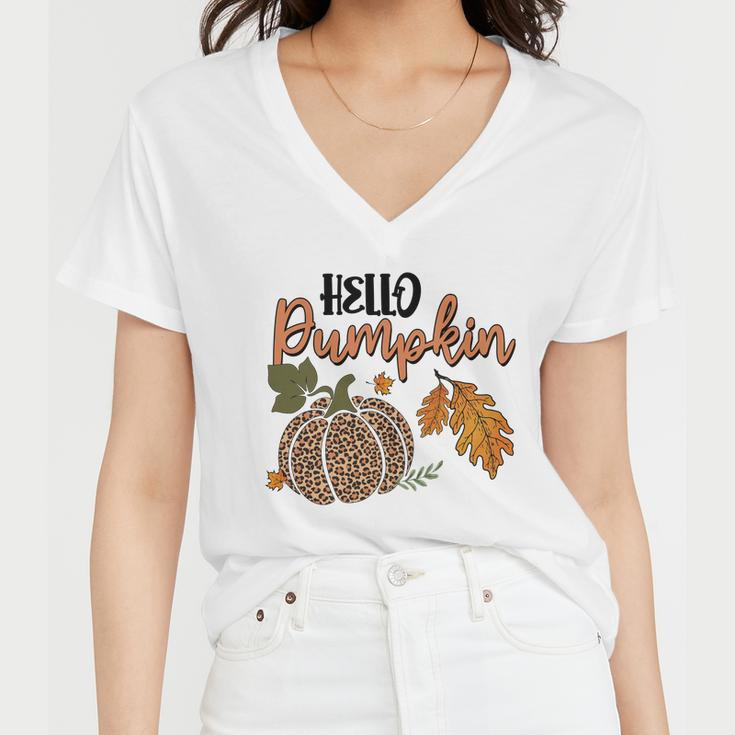 Hello Pumpkin Leopard Plaid Autumn Leaves Fall Women V-Neck T-Shirt