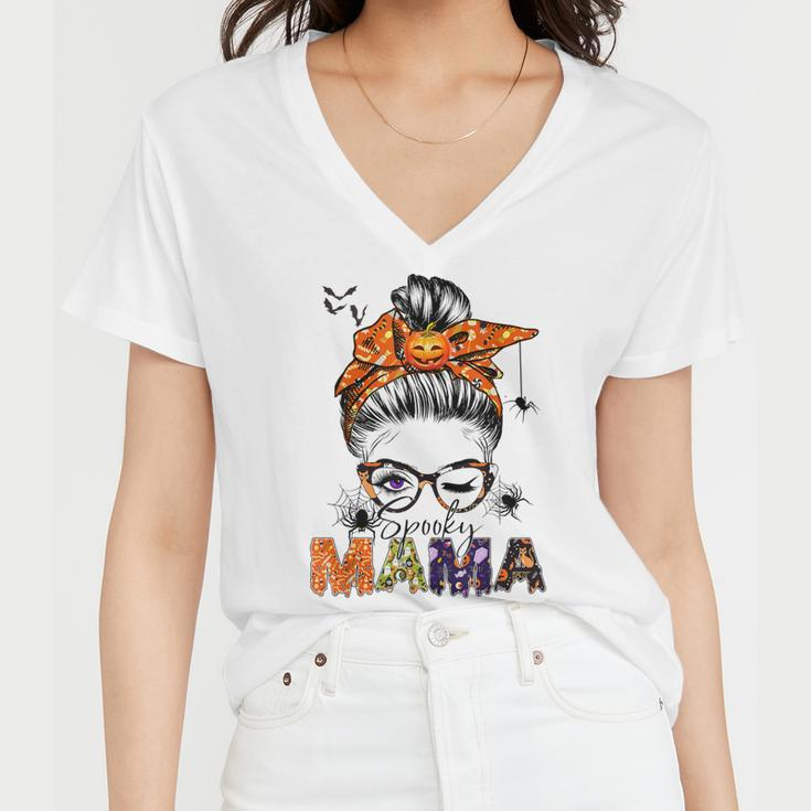 One Spooky Mama For Halloween Messy Bun Mom Monster Bleached V2 Women V-Neck T-Shirt