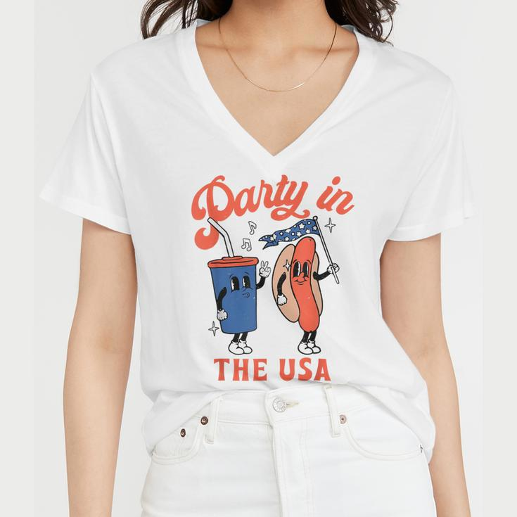 Party In The Usa Hot Dog Kids Funny Fourth Of July Women V-Neck T-Shirt