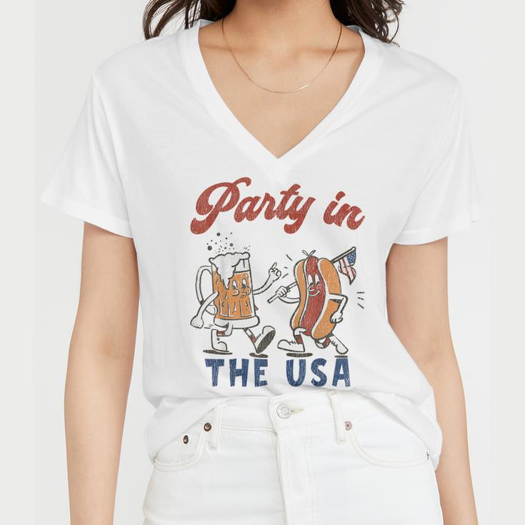 Party In The Usa Hot Dog Love Usa Funny Fourth Of July Women V-Neck T-Shirt