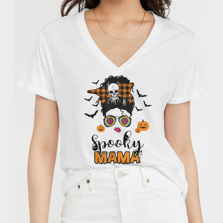 Spooky Mama Messy Bun For Halloween Messy Bun Mom Monster Women V-Neck T-Shirt