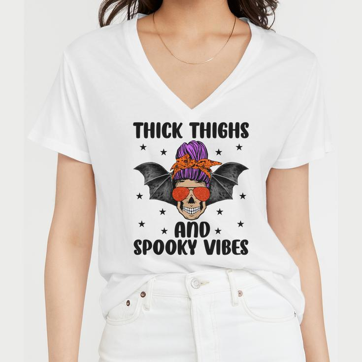 Thick Thights And Spooky Vibes Halloween Messy Bun Hair Women V-Neck T-Shirt