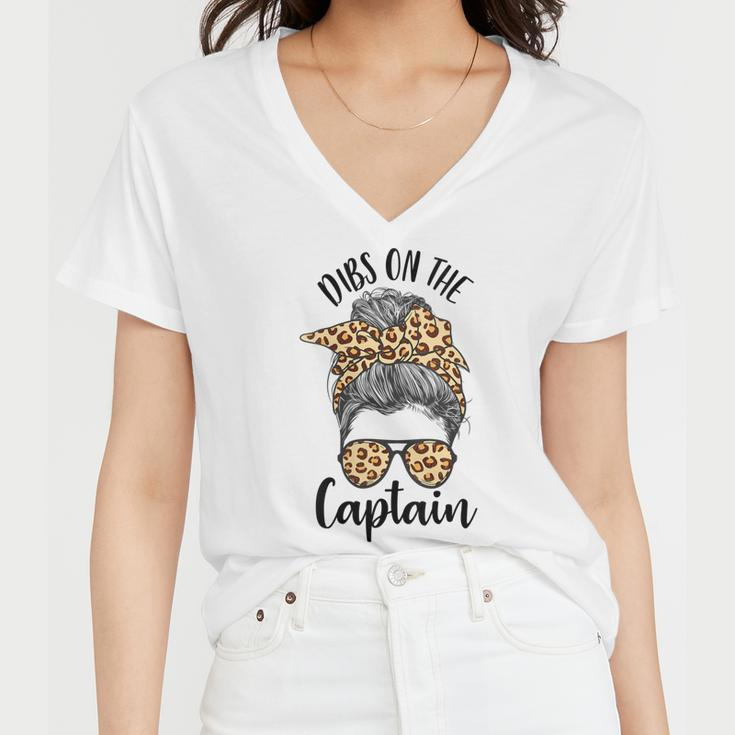 Womens Funny Captain Wife Dibs On The Captain Saying Cute Messy Bun Women V-Neck T-Shirt