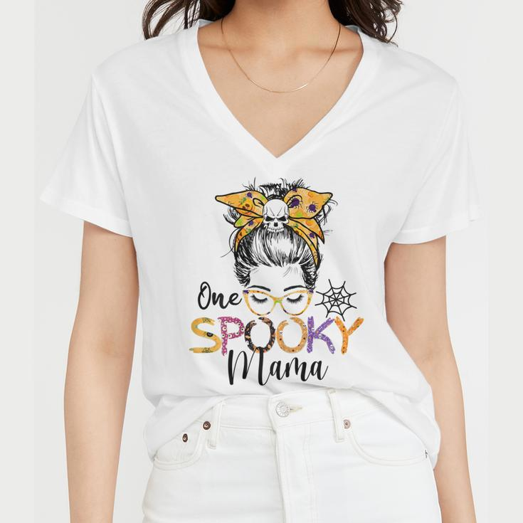 Womens One Spooky Mama Messy Bun Funny Mom Halloween Spider Costume Women V-Neck T-Shirt