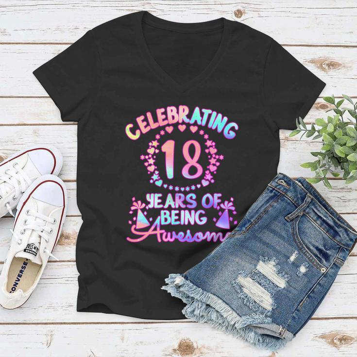 18 Years Of Being Awesome 18 Year Old Birthday Girl Graphic Design Printed Casual Daily Basic Women V-Neck T-Shirt