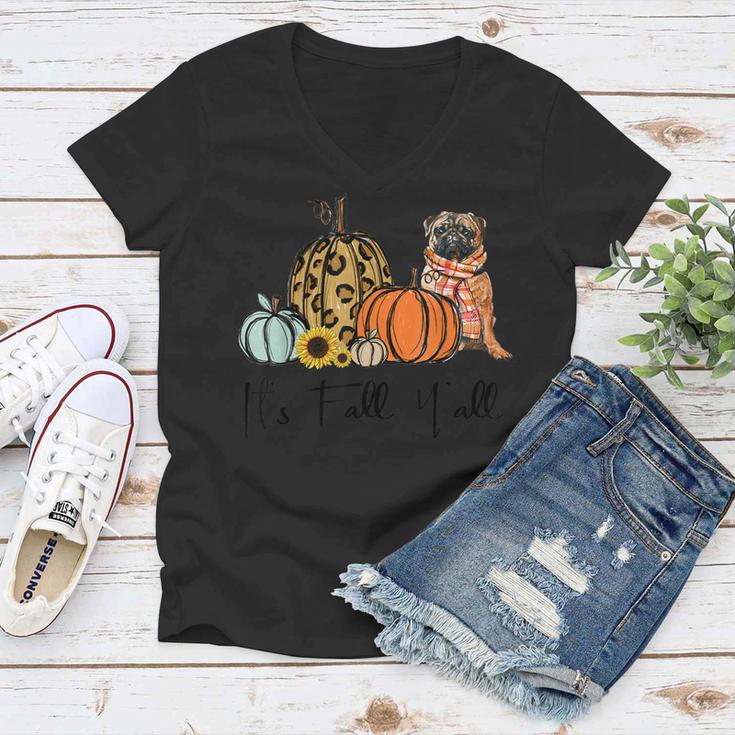 Its Fall Yall Yellow Pug Dog Leopard Pumpkin Falling  Women V-Neck T-Shirt