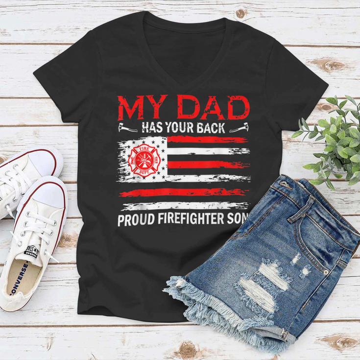 Firefighter Retro My Dad Has Your Back Proud Firefighter Son Us Flag V2 Women V-Neck T-Shirt