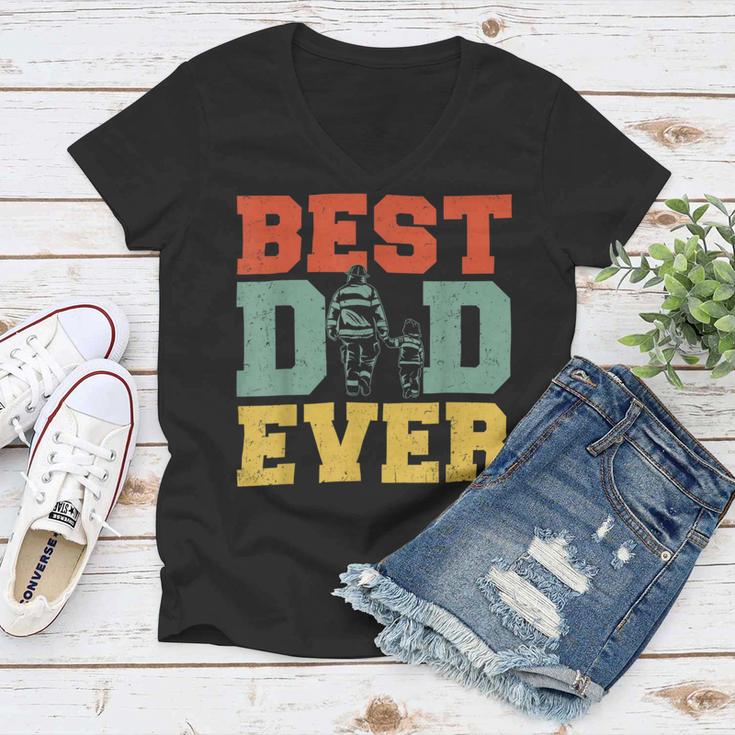 Firefighter Retro Best Dad Ever Firefighter Daddy Happy Fathers Day V2 Women V-Neck T-Shirt