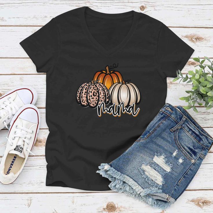 Mama Pumpkin Leaopard Orange Pumpkins Fall Women V-Neck T-Shirt