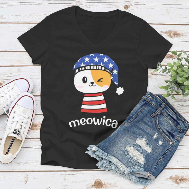 4Th Of July Cat Meowica Independence Day Patriot Usa Flag Women V-Neck T-Shirt