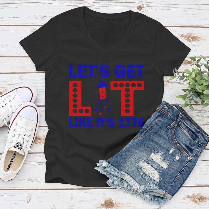 4Th Of July Lets Get Lit Fire Work Proud American Women V-Neck T-Shirt