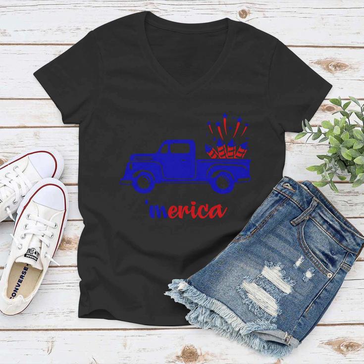 4Th Of July Meria Truck Fireworks Freedom Women V-Neck T-Shirt