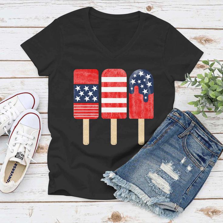 4Th Of July Popsicle Red White Blue American Flag Patriotic Women V-Neck T-Shirt