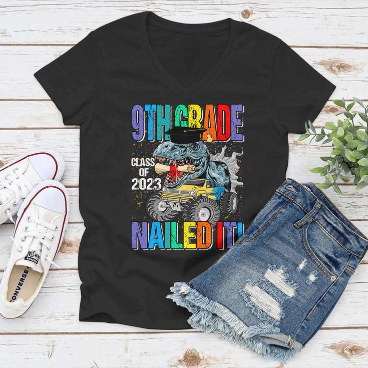 9Th Grade Class Of 2023 Nailed It Monster Truck Dinosaur Cool Gift Women V-Neck T-Shirt