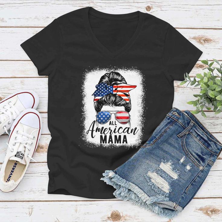 All American Mama Proud Mom Messy Bun Patriotic 4Th Of July Women V-Neck T-Shirt