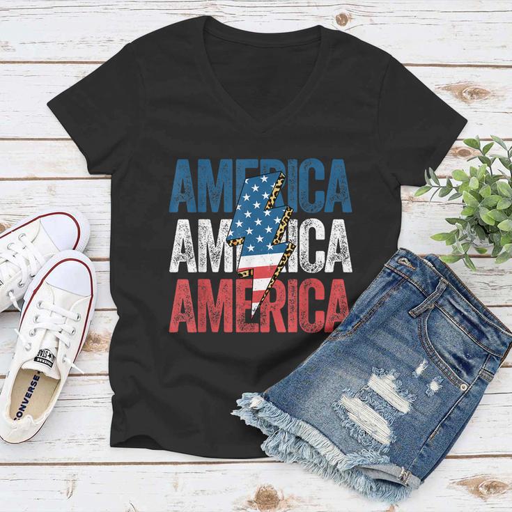 America Cheetah Leopard Lightning Bolt 4Th Of July Women V-Neck T-Shirt